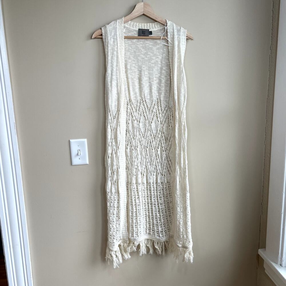 Sweet n Sinful beige longline sleeveless cardigan vest knit lace women's size L